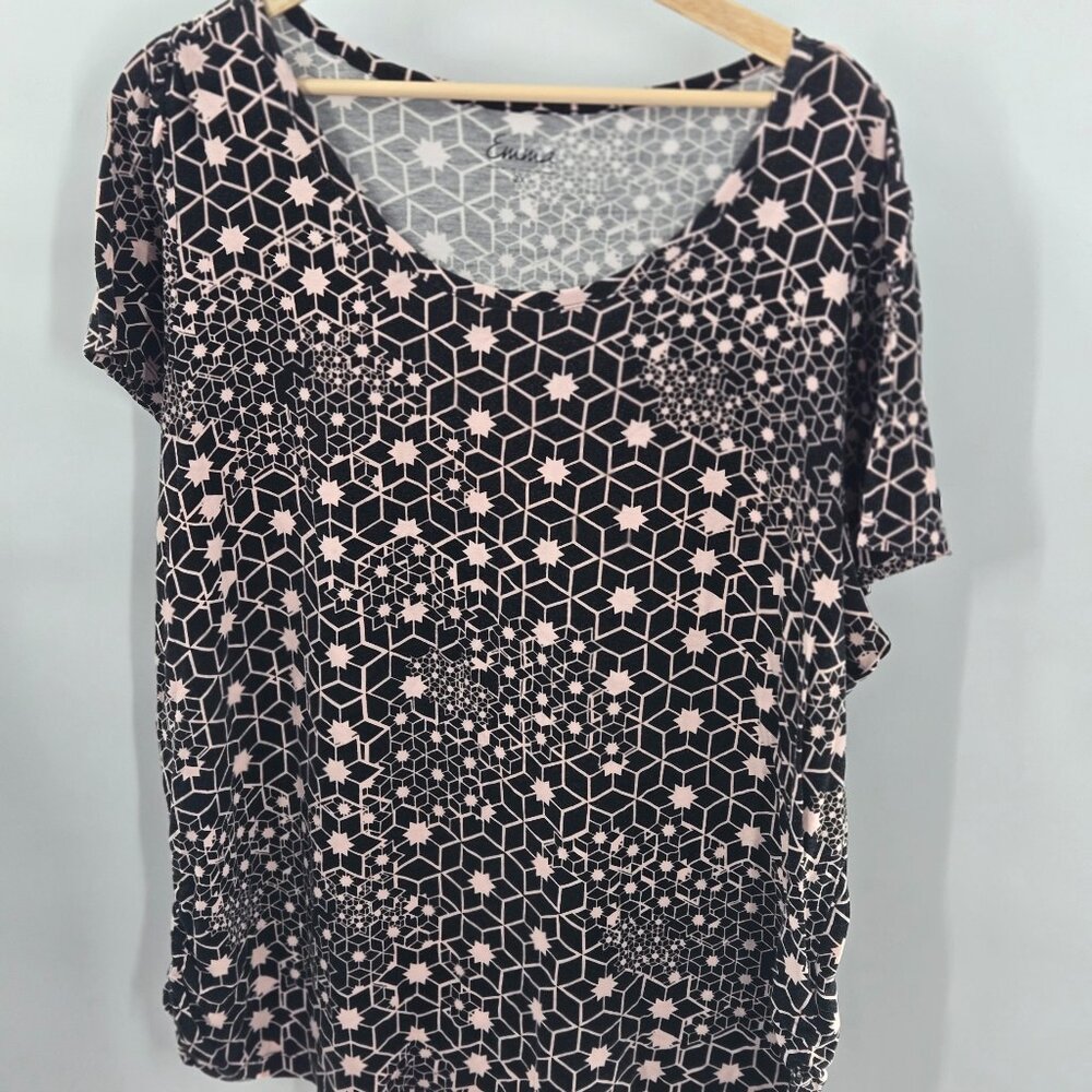 Simply Emma Black Pink Geometric Stars Short Sleeved Top 2x